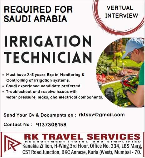 Required for Saudi jobs Irirgation Technicians